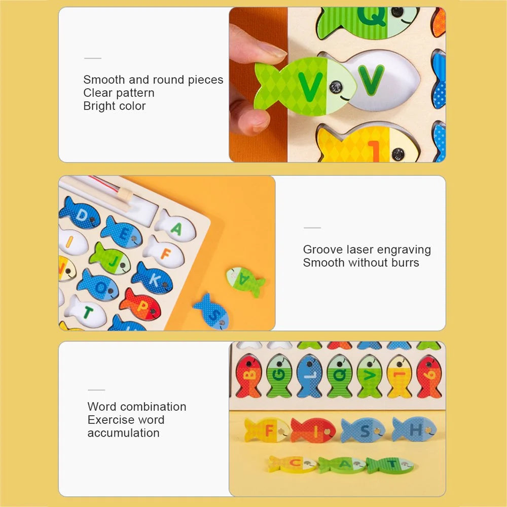 Magnetic Fishing Game for Kids 39 Pcs Wooden with 2 Magnetic Rods J808