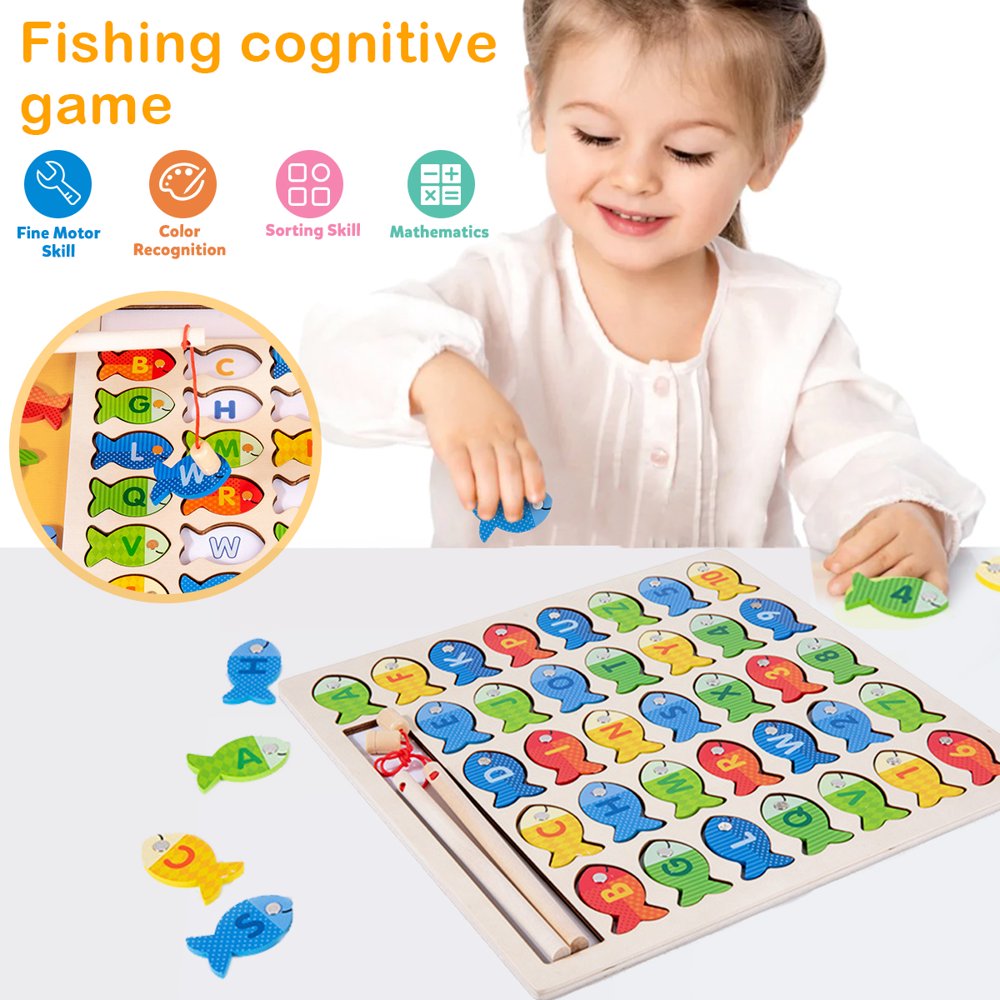 Magnetic Fishing Game for Kids 39 Pcs Wooden with 2 Magnetic Rods J808