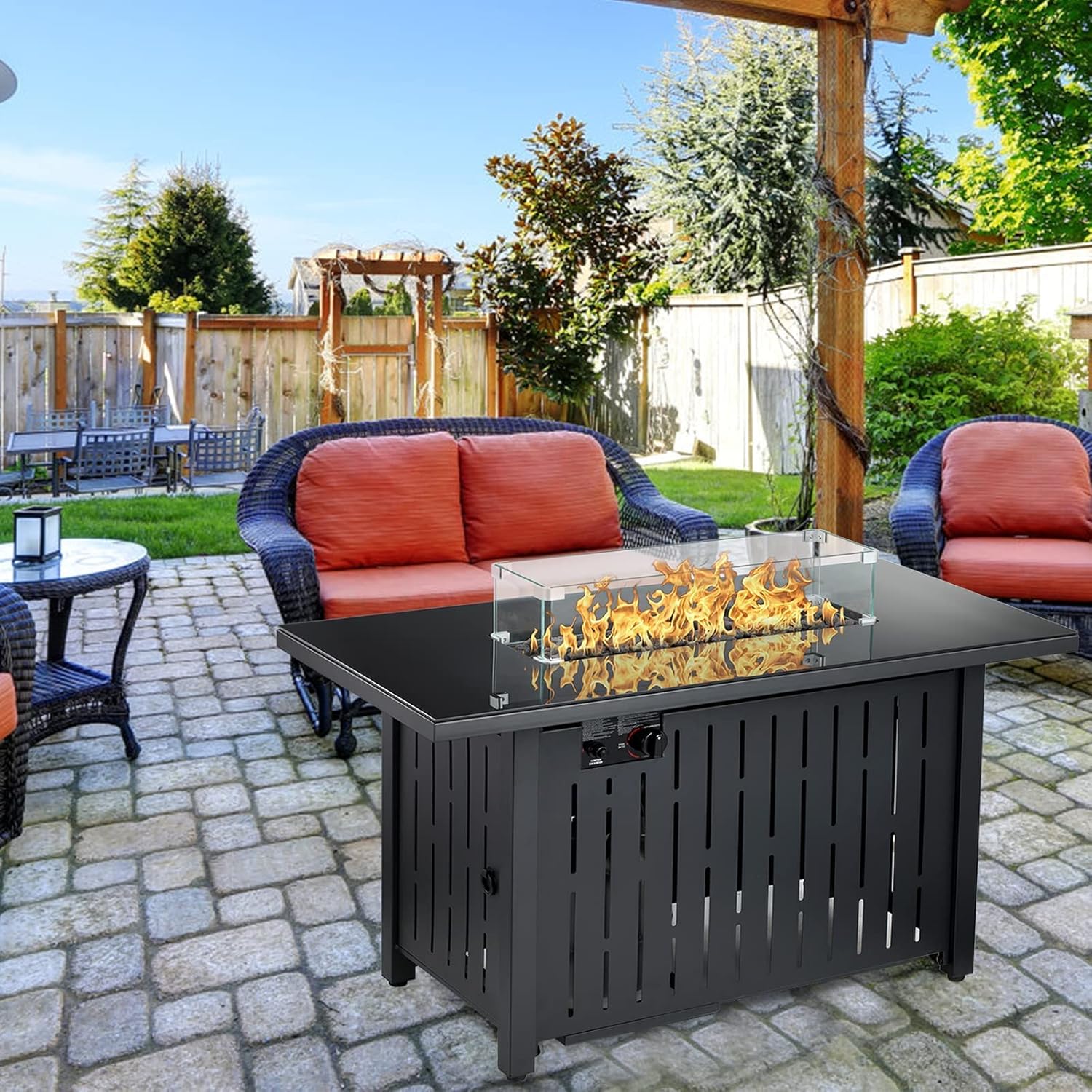 43 Inch 50,000 BTU Auto-Ignition Gas Fire Pit Table with Glass Wind Guard, Lava Stone P53737