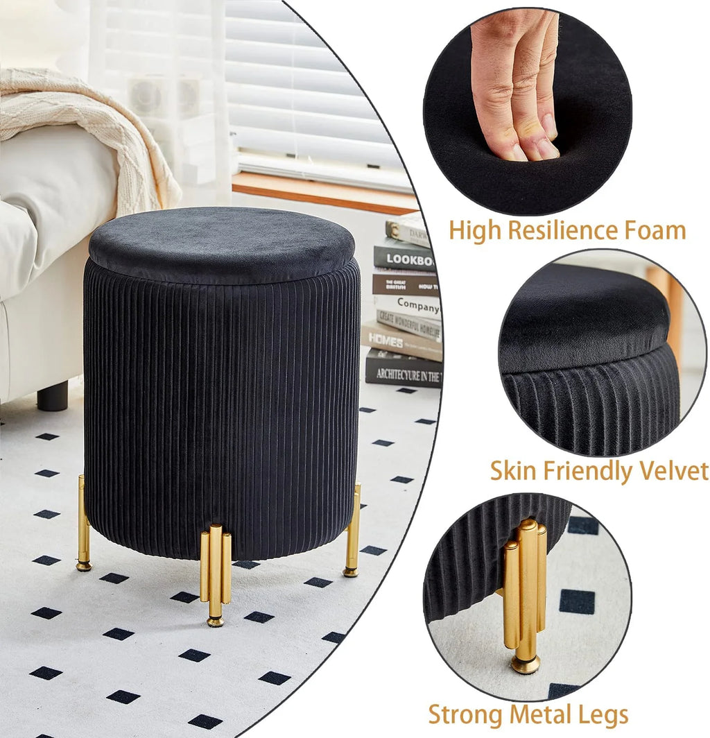 Black Velvet Round Ottoman with 23Qt Storage A75032