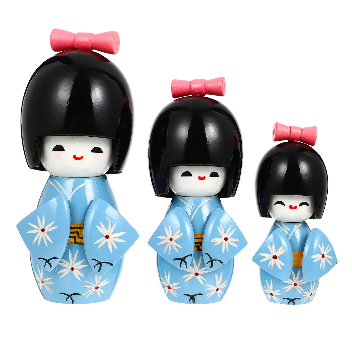 3 Pcs Wooden Kimono Doll Figurines A7662