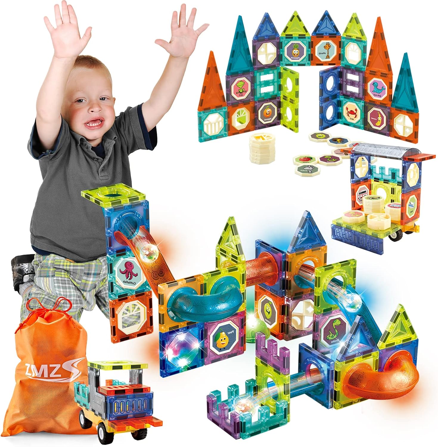 Magnetic Tiles Marble Run 89 Piece 3D STEM Building Blocks Set Q89598