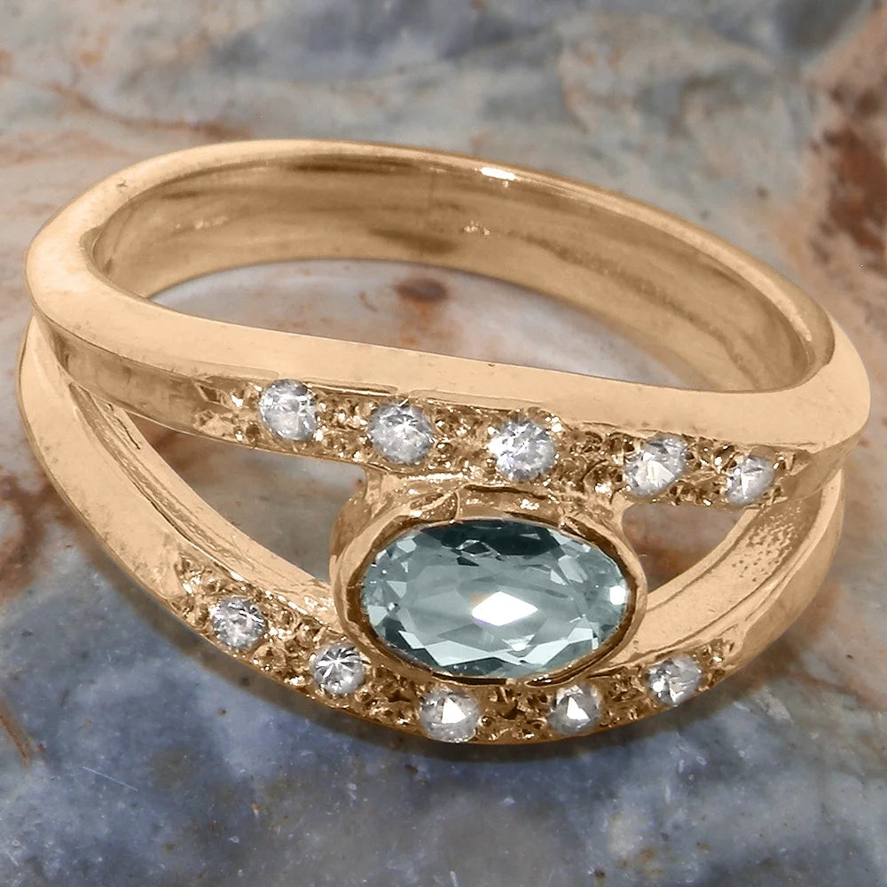 18k Rose Gold Natural Aquamarine & Diamond Womens Band Ring U319950