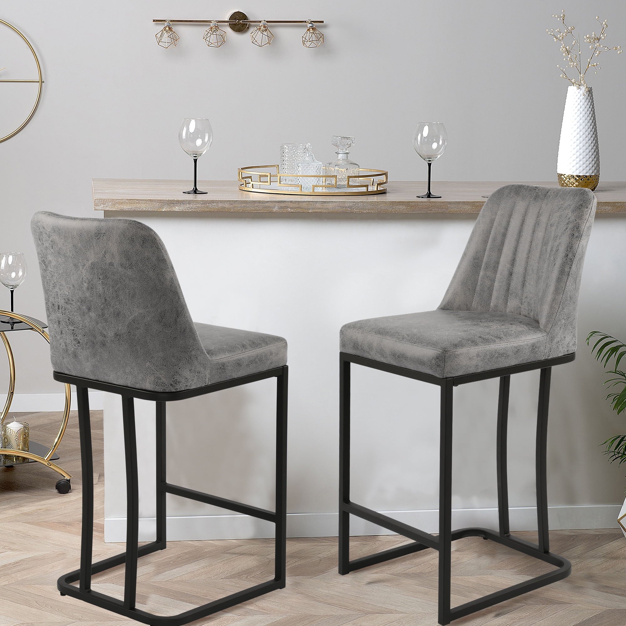 Gray PU Leather Bar Stool with Backrest, Set of 2 C338