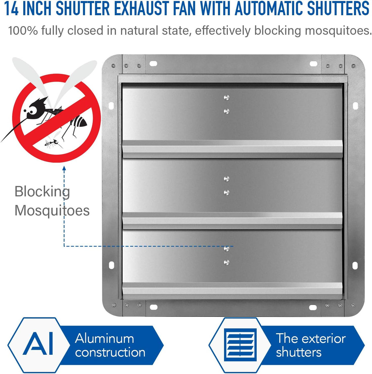 14 Inch Shutter Exhaust Fan Aluminum, 1650RPM, 1000 CFM, 2-Pack, Silver L49917
