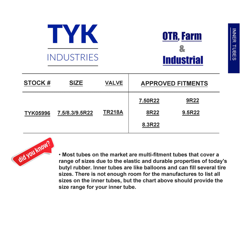 Two 7.5-22, 8-22, 8.3-22, 9-22, 9.5-22 Tractor Tire Inner Tubes TR218A Radial W544101