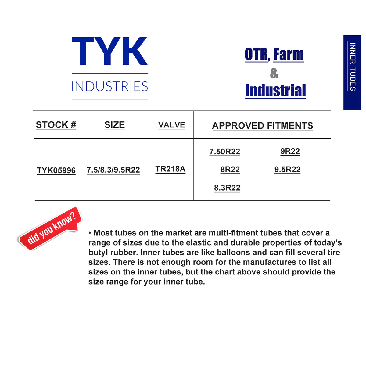 Two 7.5-22, 8-22, 8.3-22, 9-22, 9.5-22 Tractor Tire Inner Tubes TR218A Radial W544101