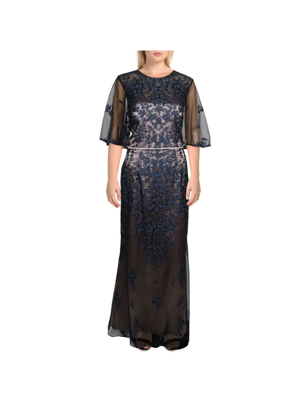 Navy Embroidered Lace Floral Formal Dress 10 K816