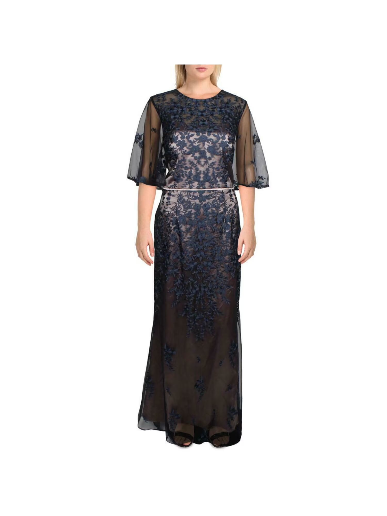 Navy Embroidered Lace Floral Formal Dress 10 K816