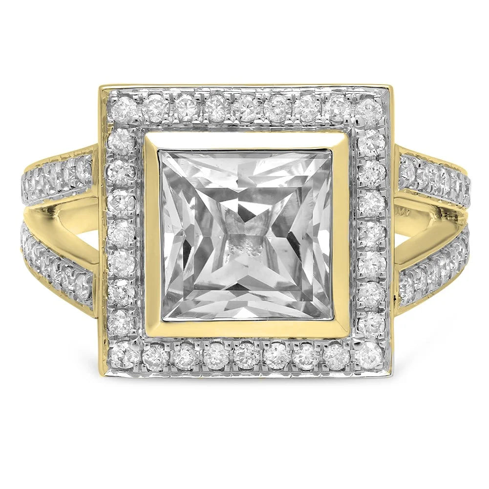 10K Yellow Gold Princess White Sapphire & Round White Diamond Bridal Engagement Ring, Size 5 J495160