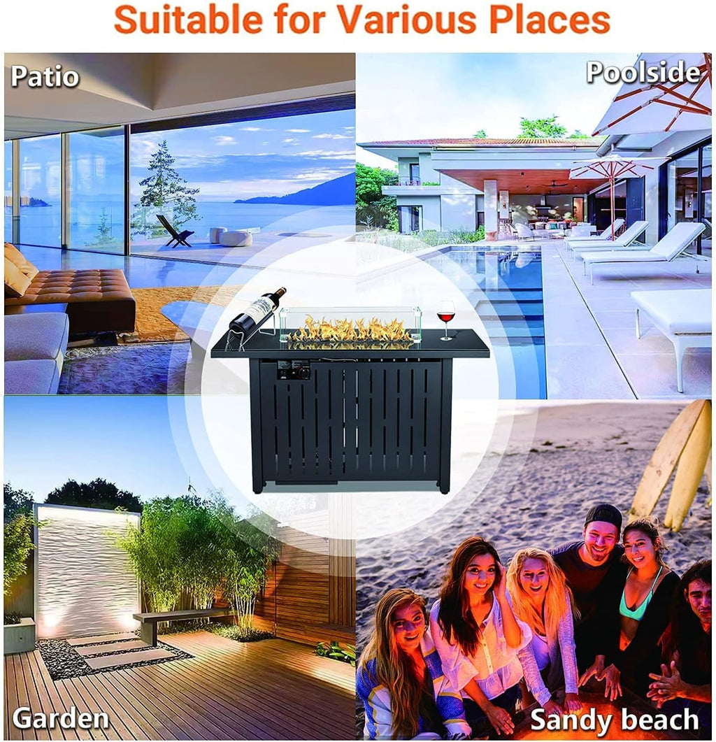 43 Inch 50,000 BTU Auto-Ignition Gas Fire Pit Table with Glass Wind Guard, Lava Stone P53737