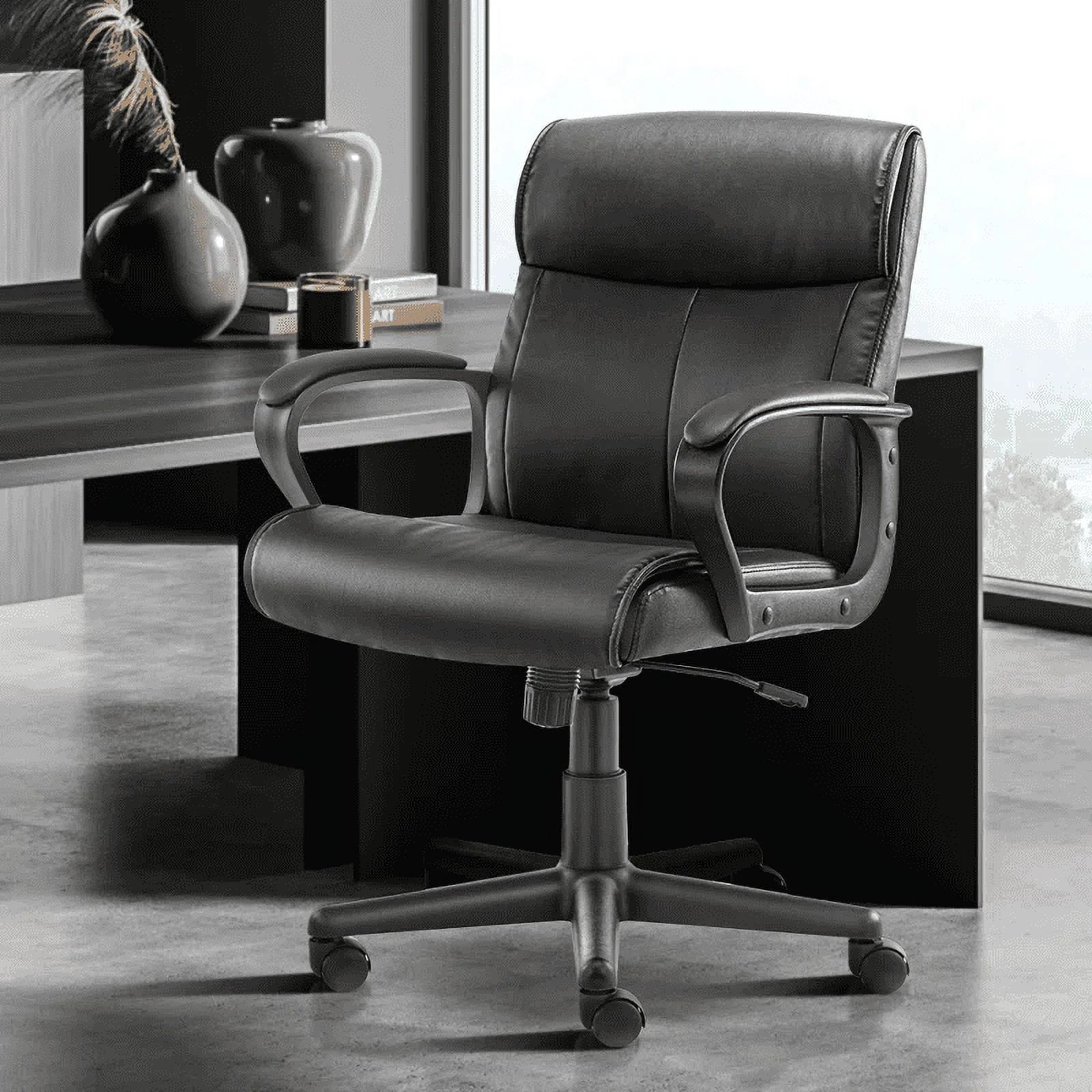 Black PU Leather Mid-back Office Chair with Fixed Padded Armrests J5308