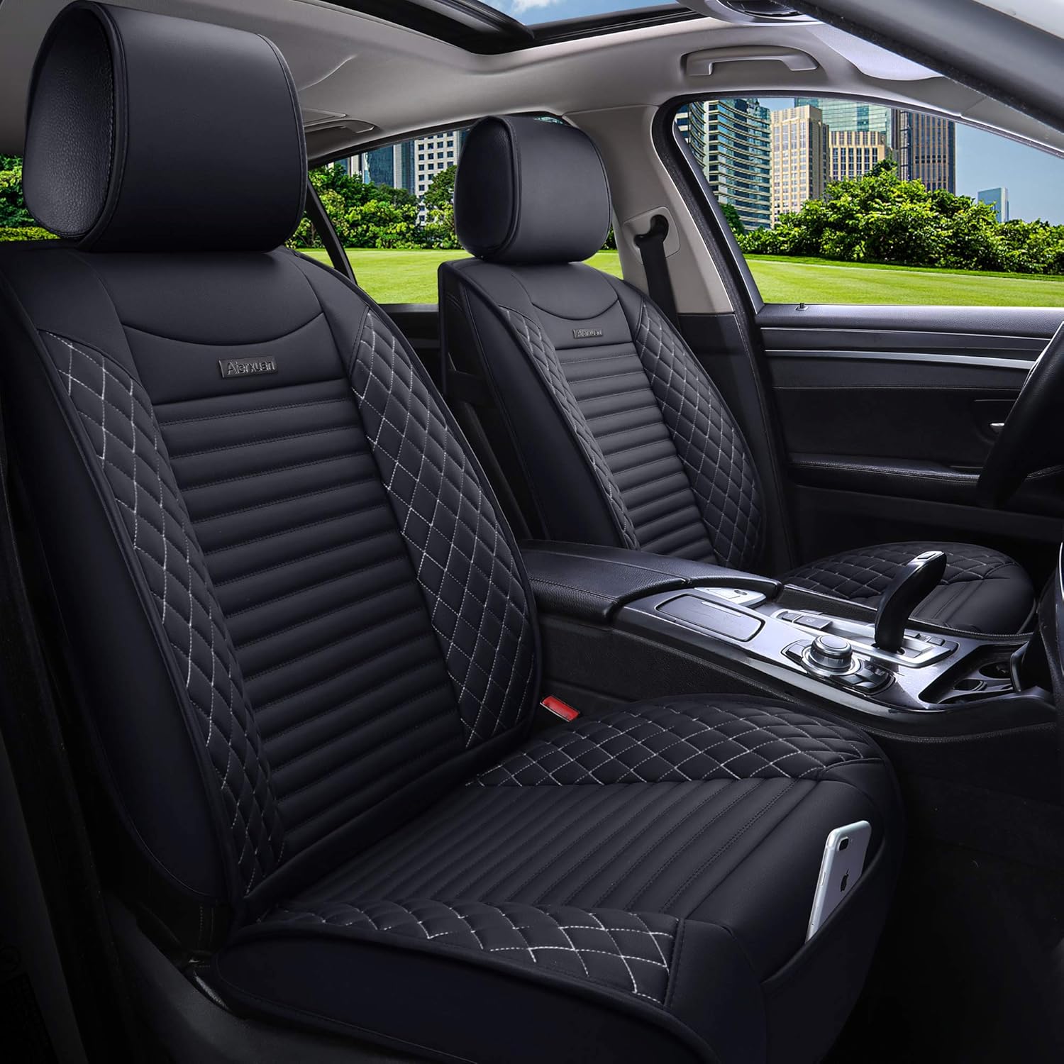 5 Car Seat Covers Full Set Waterproof Leather Universal Black U126625