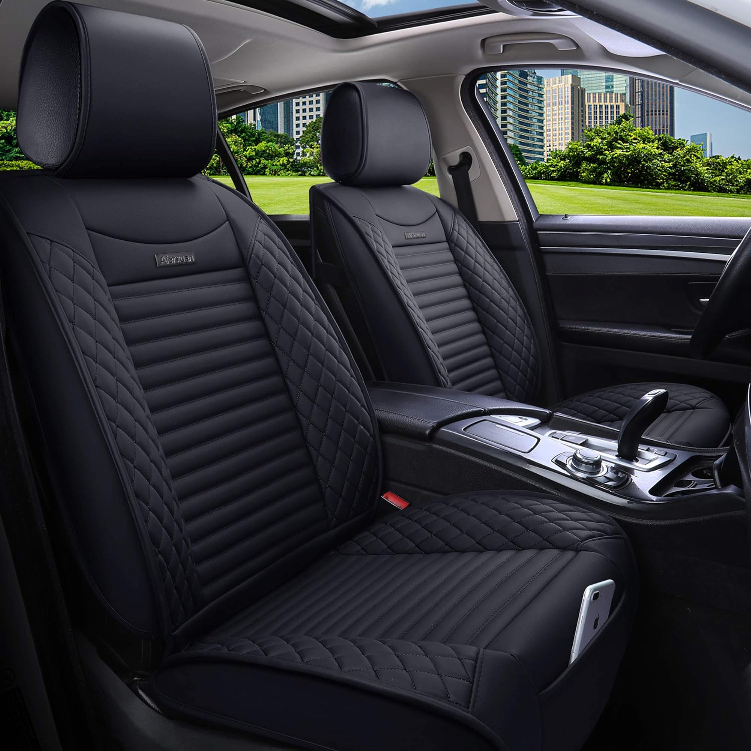 5 Car Seat Covers Full Set Waterproof Leather Universal Black U126625