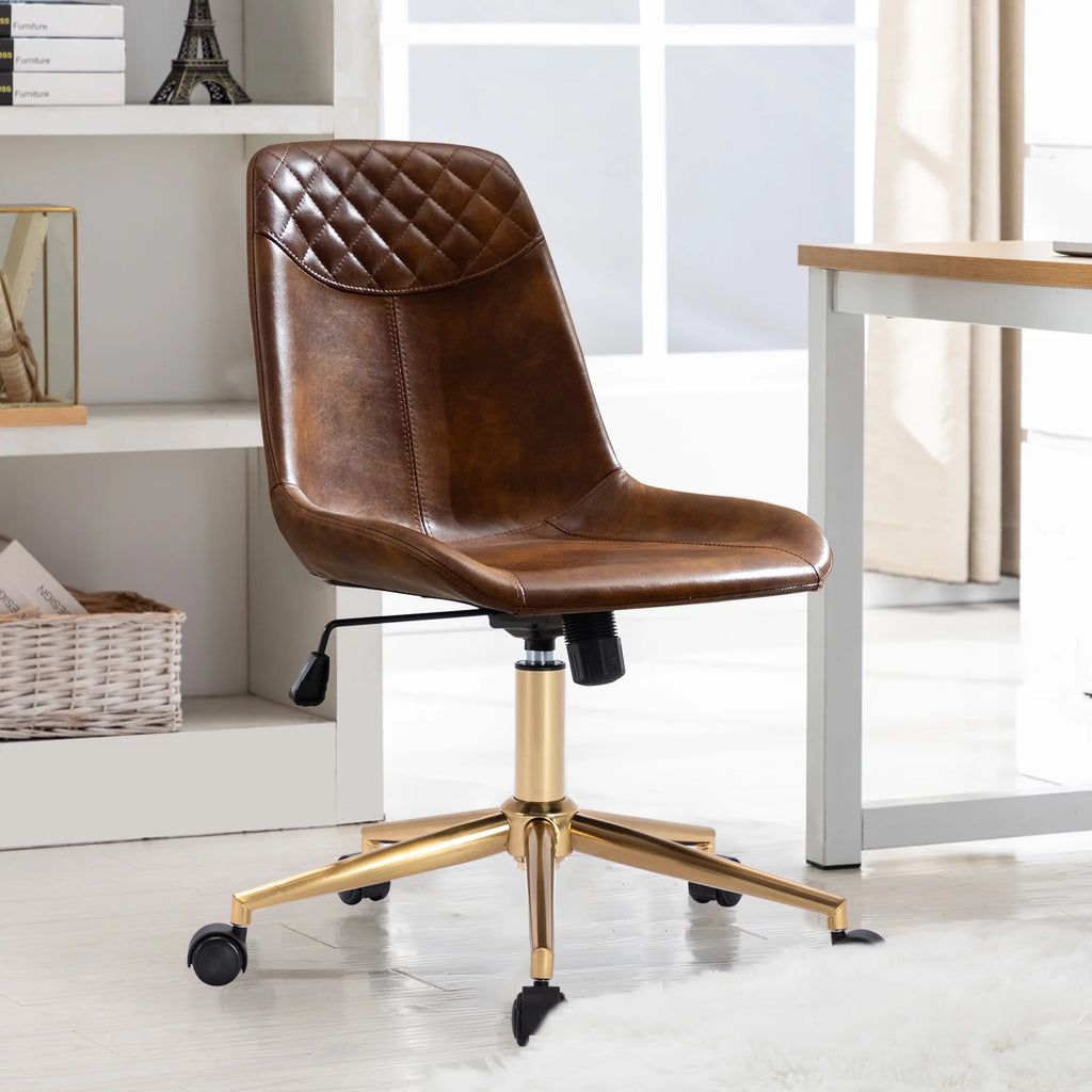 Yellowish Brown Faux Leather Swivel Task Chair with Gold Legs D28152