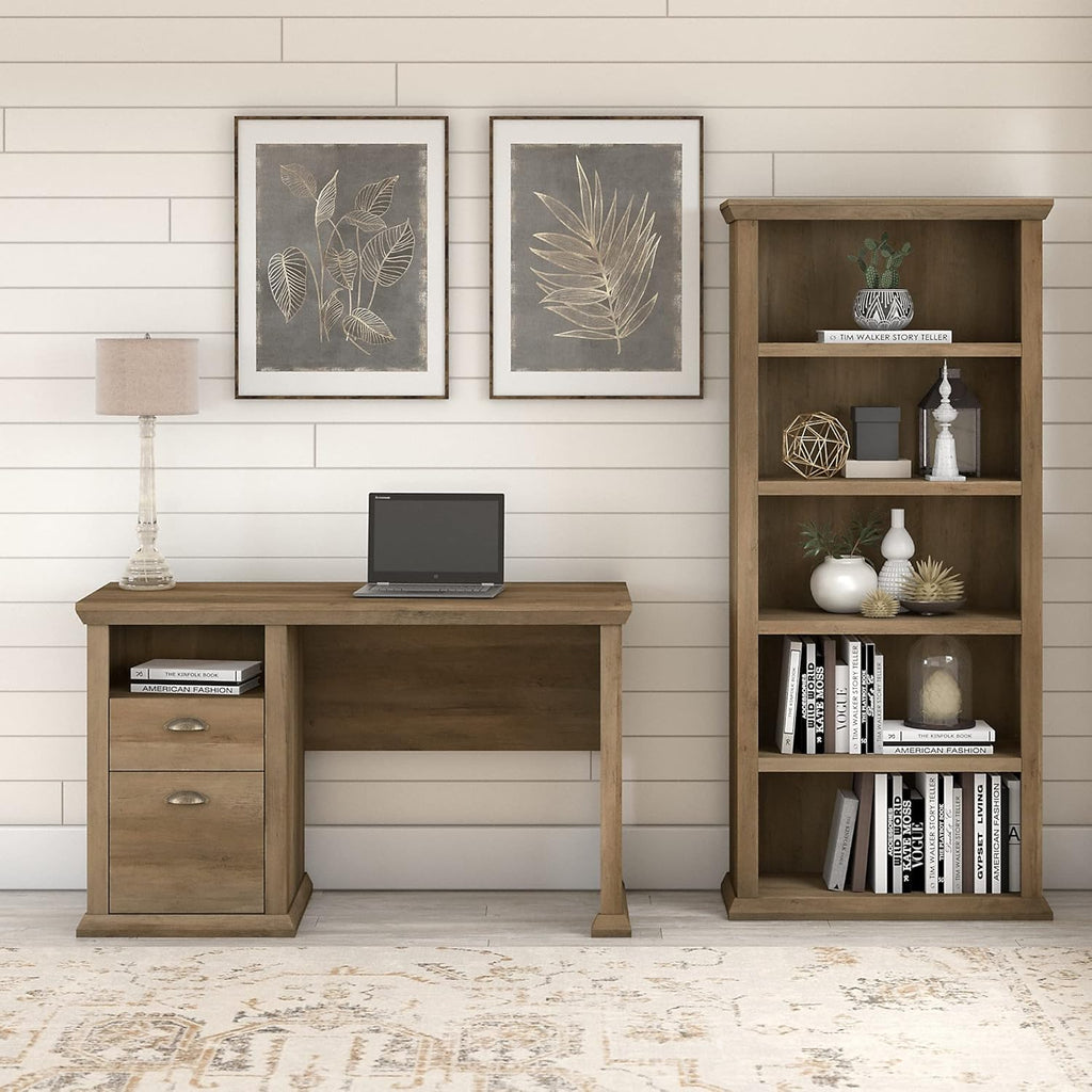 50W Reclaimed Pine Home Office Desk with 5 Shelf Bookcase G2728