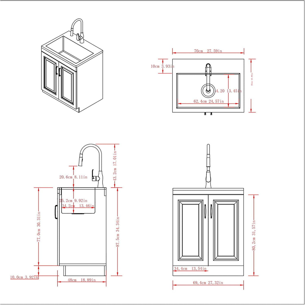 28 inch Laundry Cabinet with Pull-out Faucet and Stainless Steel Sink with 1 Storage Compartment M953