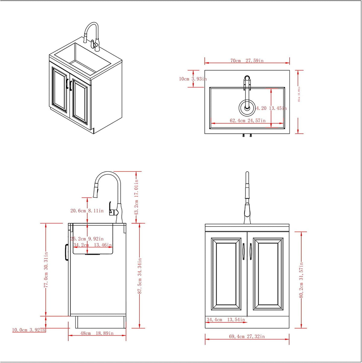 28 inch Laundry Cabinet with Pull-out Faucet and Stainless Steel Sink with 1 Storage Compartment M953