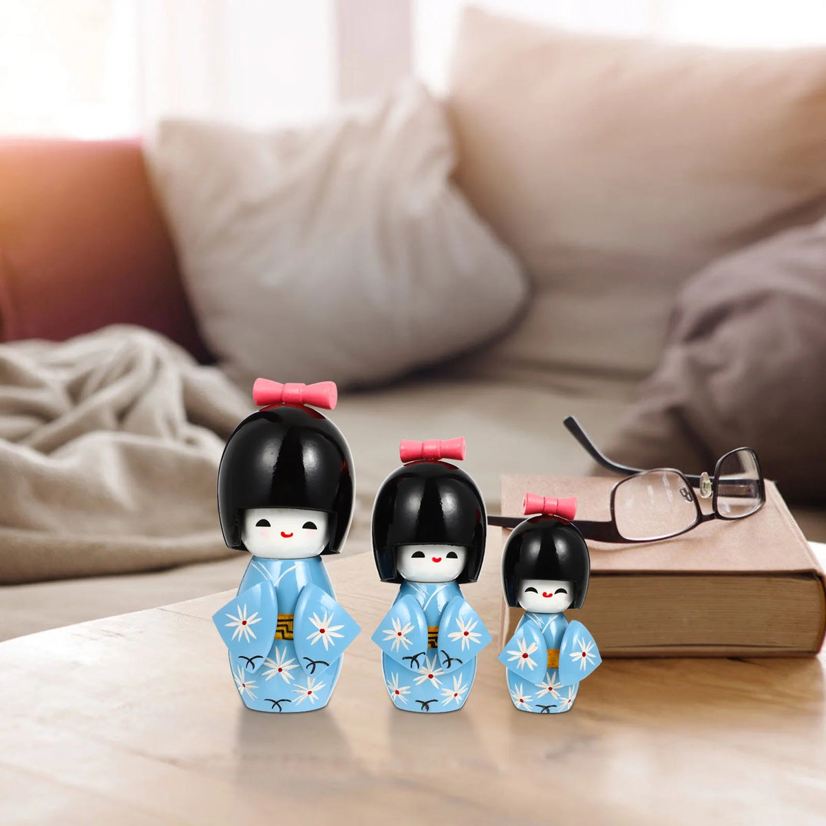 3 Pcs Wooden Kimono Doll Figurines A7662