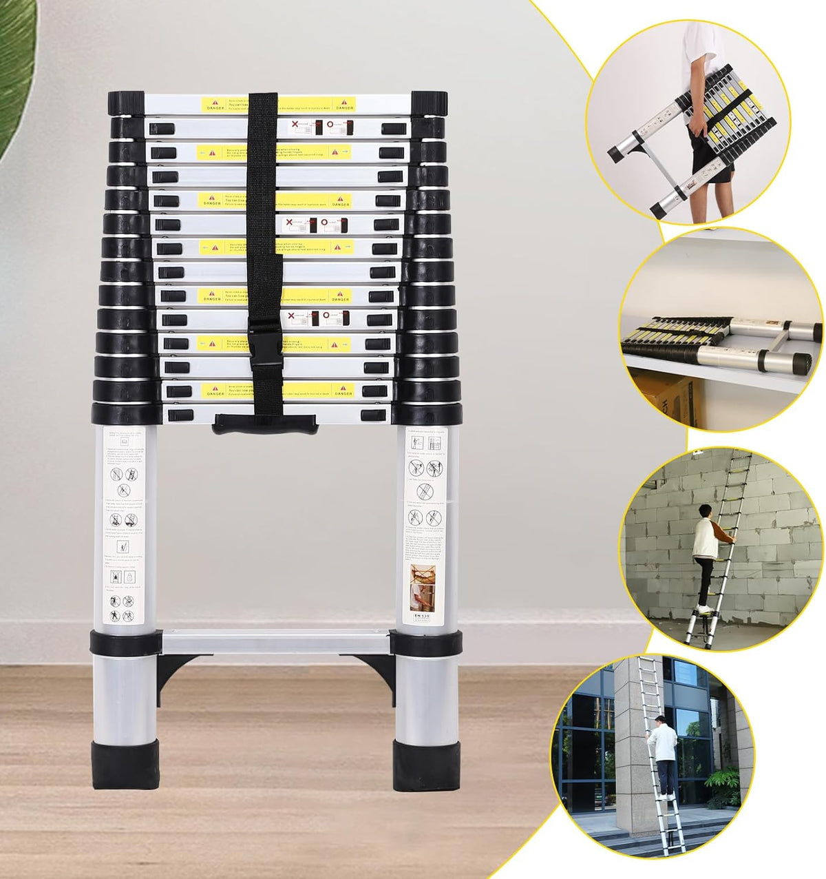 14.5FT Telescoping Aluminum Extension Ladder with Triangular Stabilizer K40048