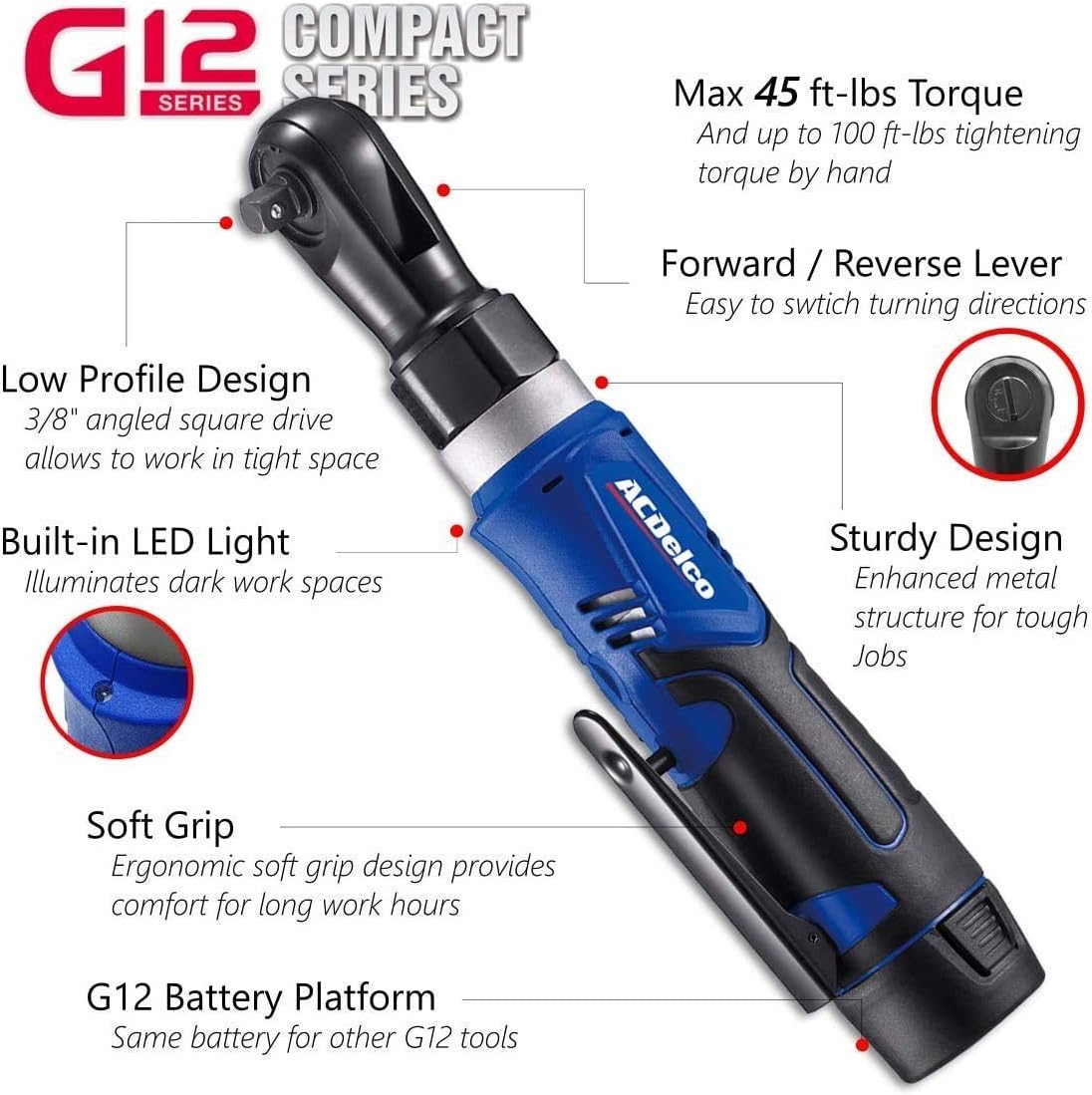 12V Li-ion Cordless 3/8” Ratchet Wrench Tool Kit with 2 Batteries D2093