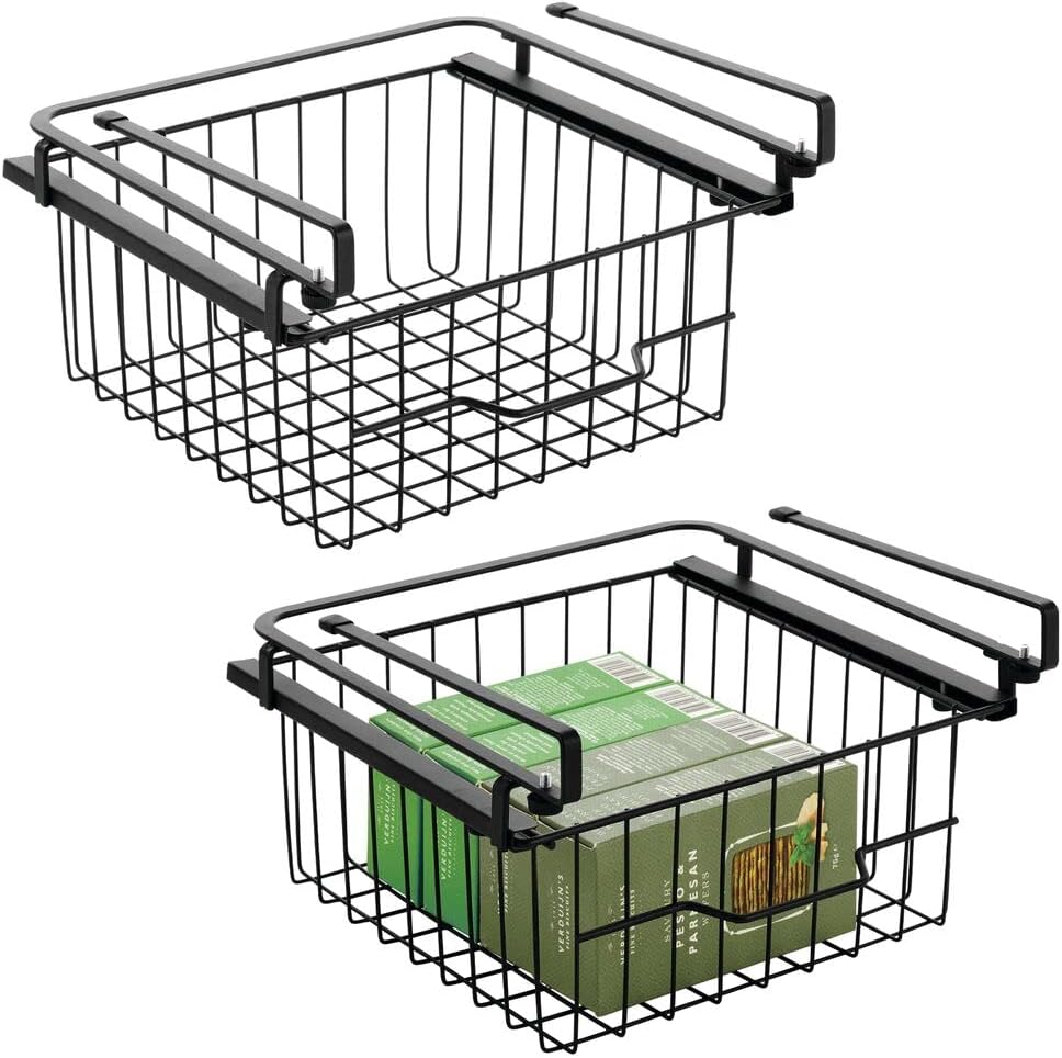 Compact Hanging Pullout Drawer Basket, Metal Wire, 2 Pack, Black H25333