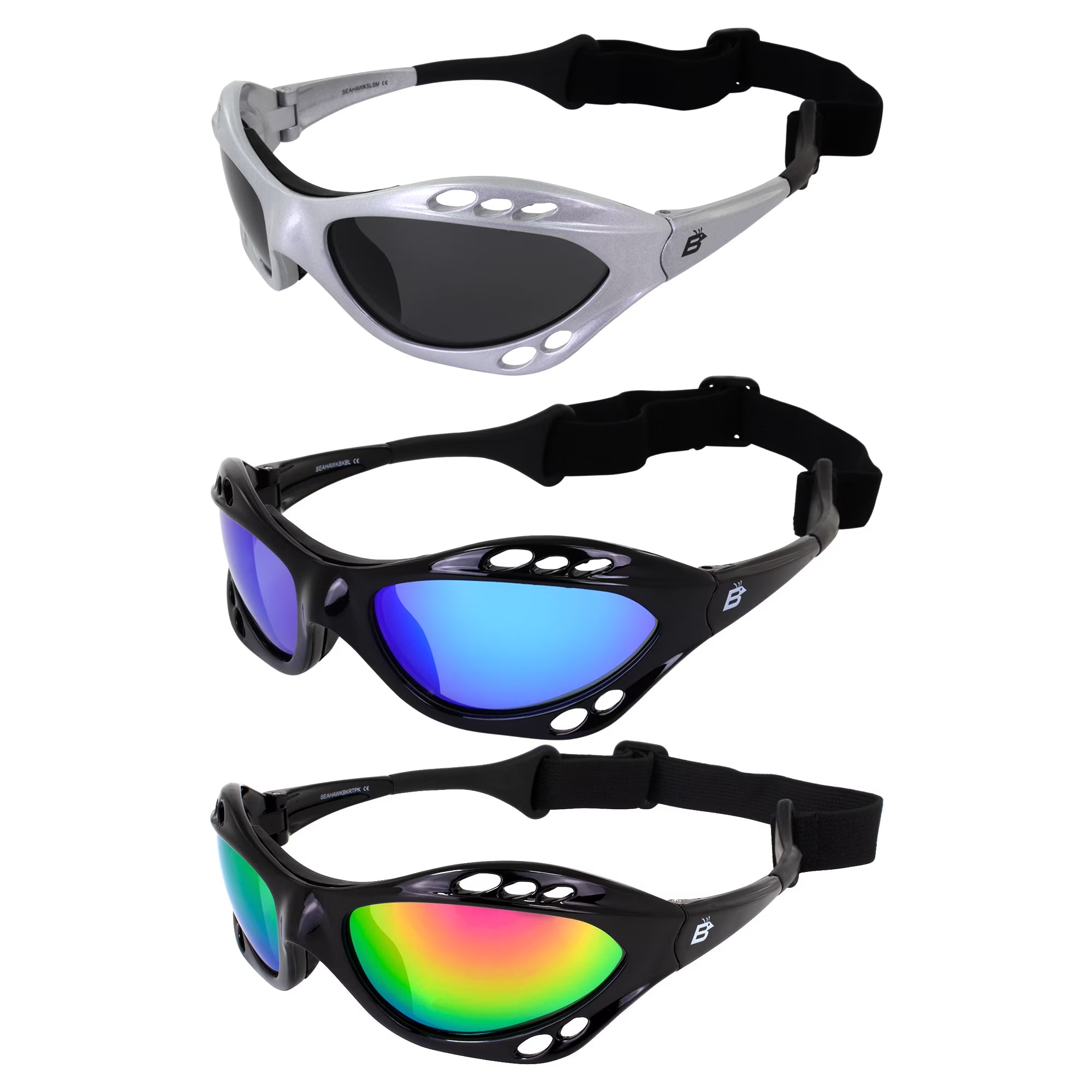 3 Pairs Padded Polarized Sunglasses w/Strap Silver Frame w/Smoke Lens & Black Frames w/Blue & Pink Mirror Lenses O987690