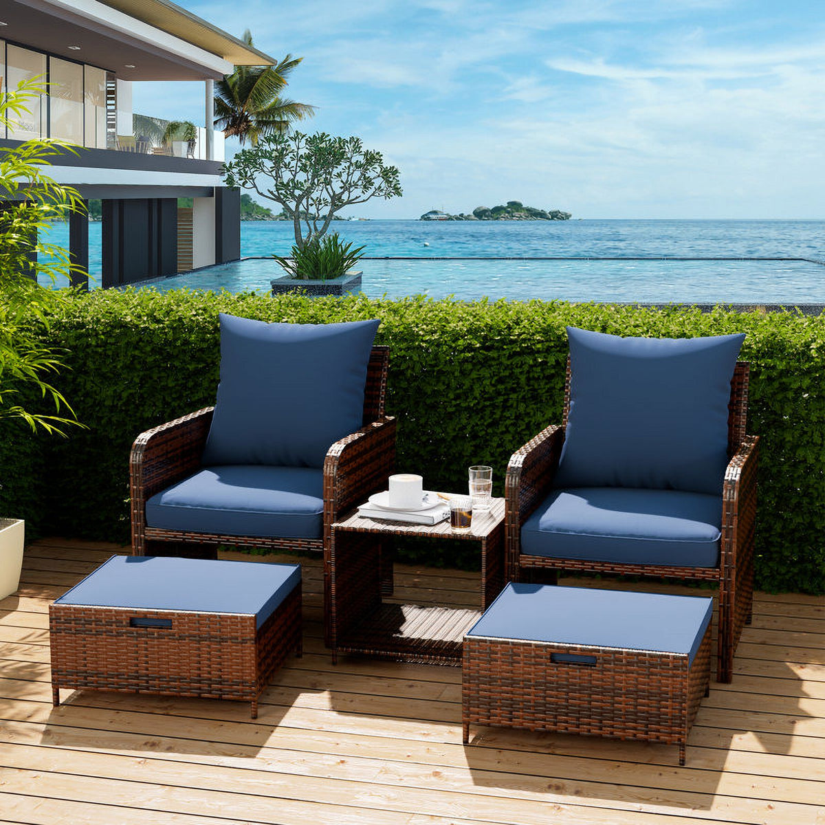 Navy 5 Piece PE Wicker Patio Furniture Set D624443