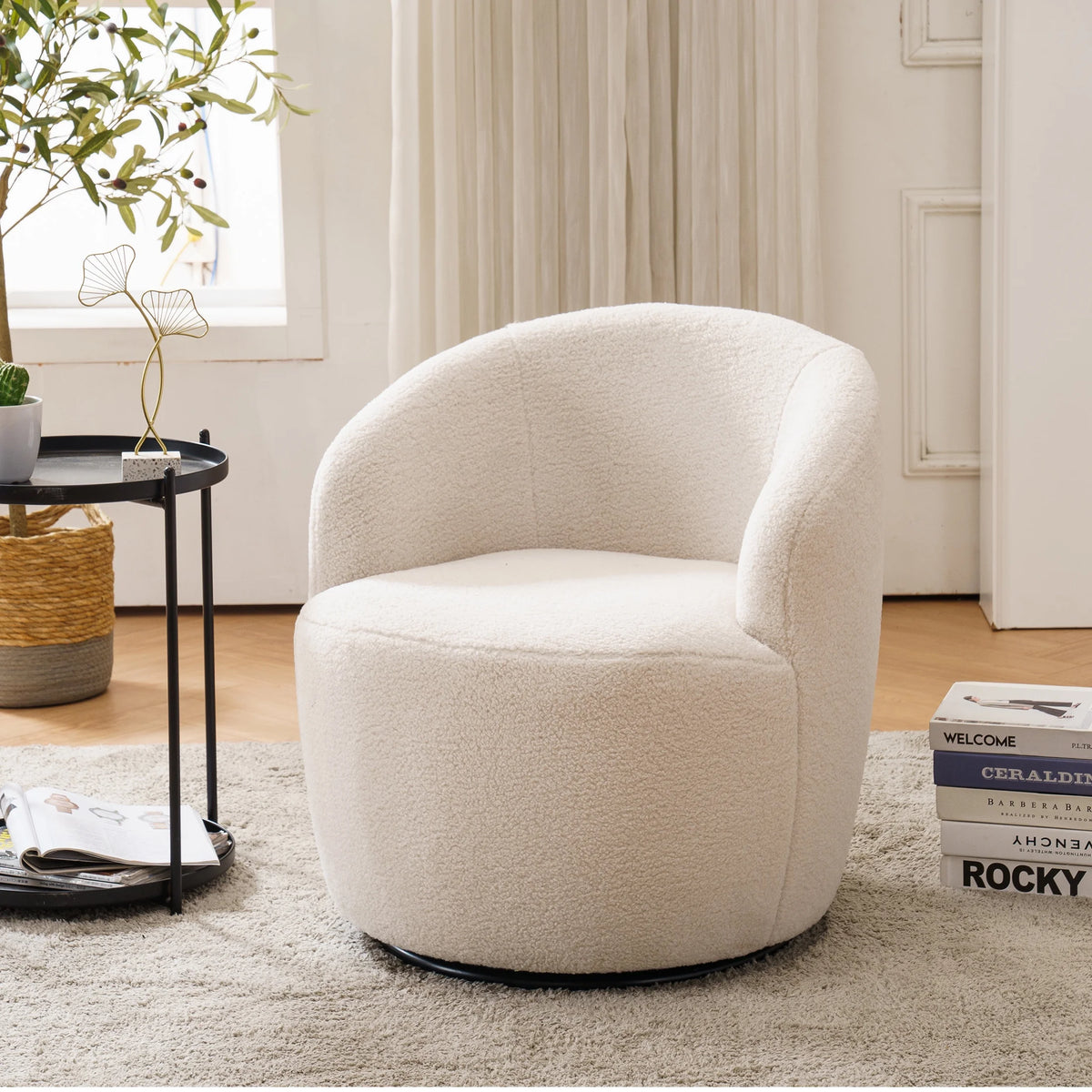 White Teddy Fabric Swivel Barrel Armchair B85719