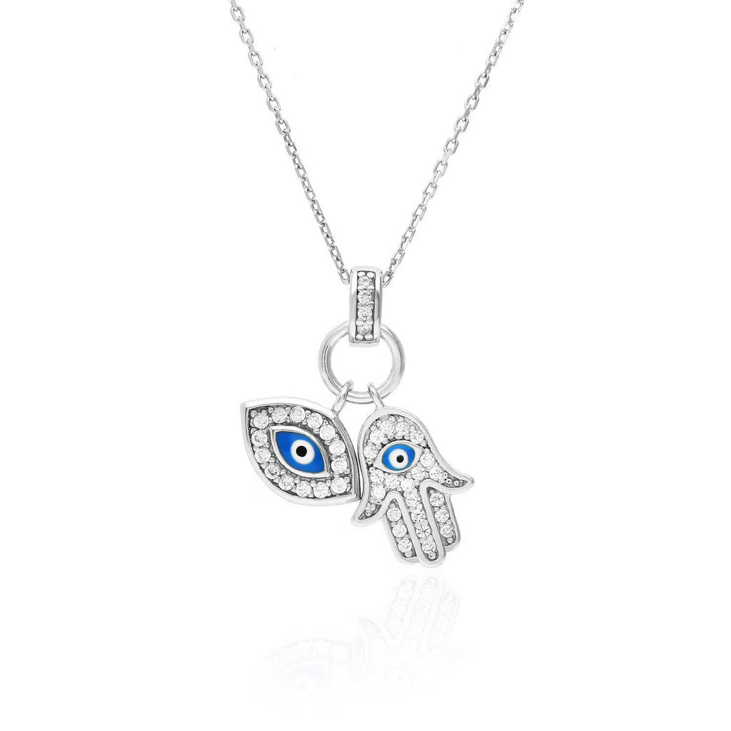 14K Gold Over Silver Simulated Diamond Evil Eye Hamsa Charm Pendant Necklace 18" T27877
