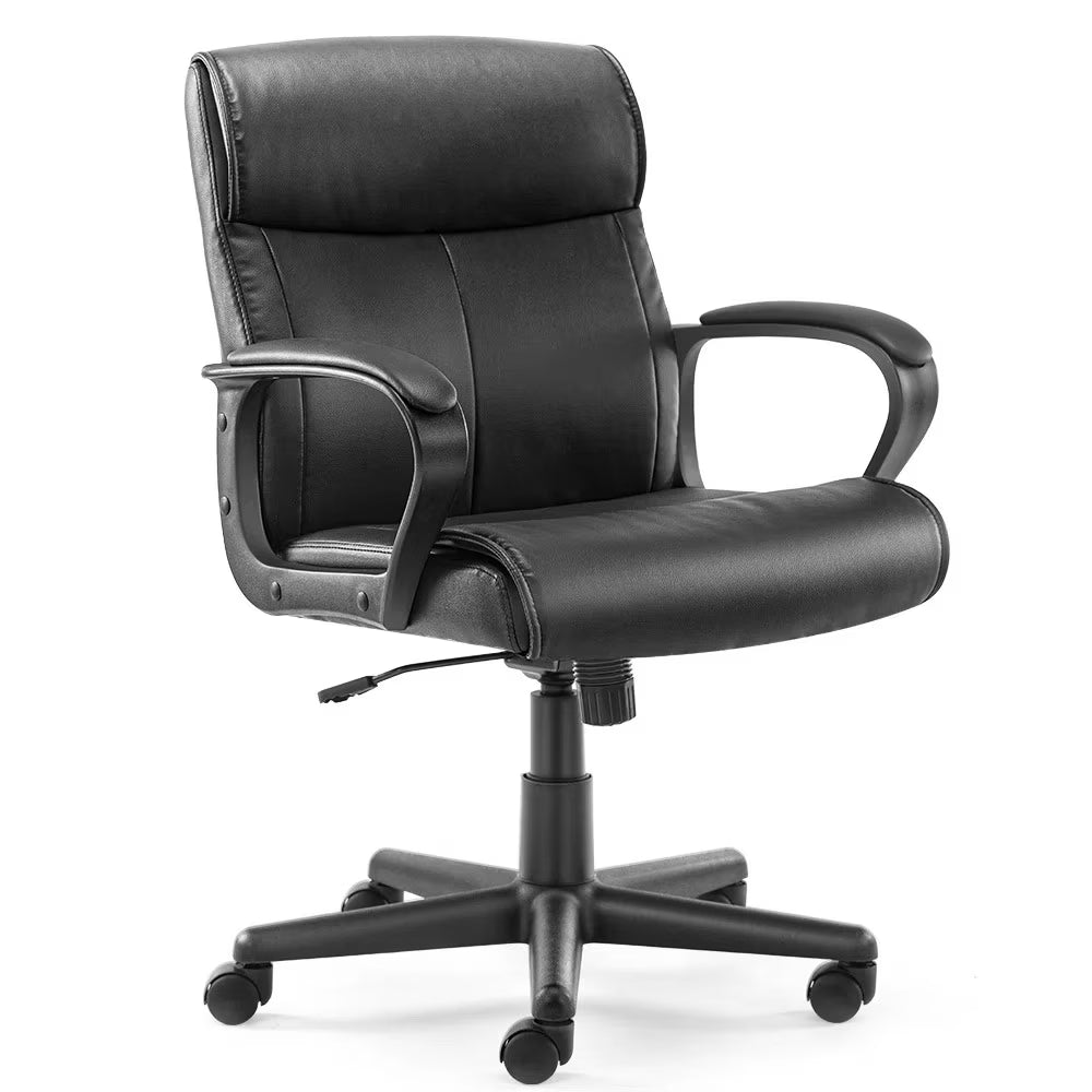 Black PU Leather Mid-back Office Chair with Fixed Padded Armrests J5308