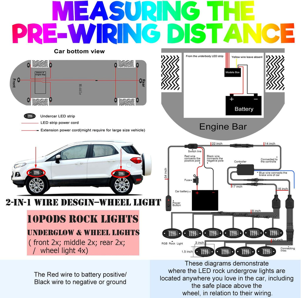10-pods Trucks LED RGB Neon Underglow Rock Lights Kit, Dual-Zone, 160LEDs, 2-in-1 Line, Waterproof 12V, Pack of 2 O36047