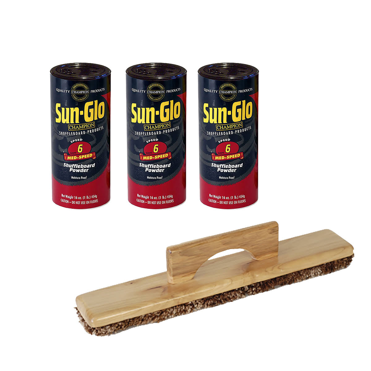 3 Cans #6 Sun-Glo Med-Speed Wax and 1 Shuffleboard Sweep C701