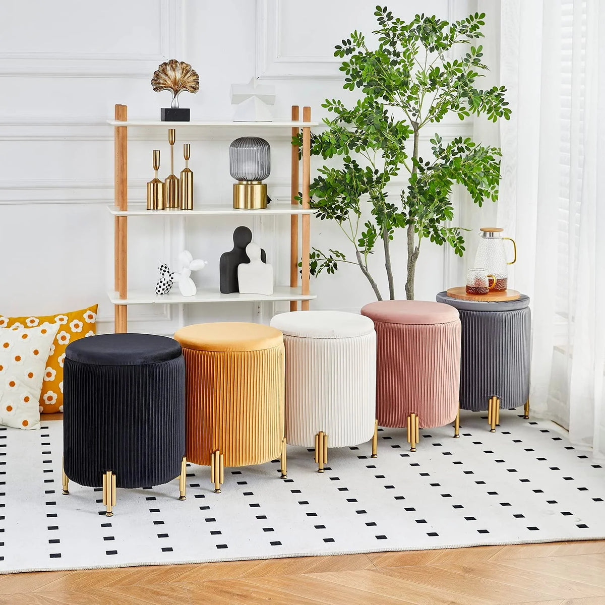 Black Velvet Round Ottoman with 23Qt Storage A75032