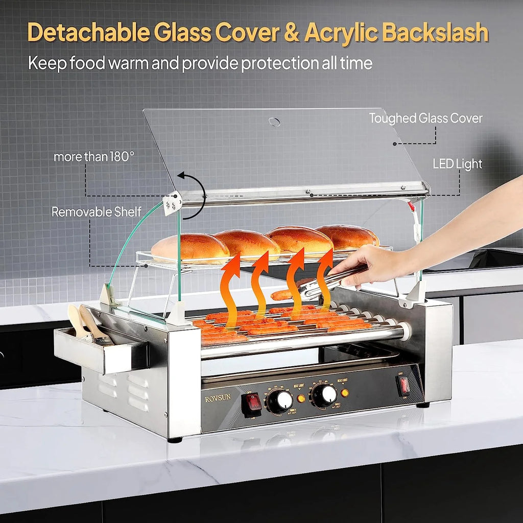 Hot Dog Roller Grill Cooker Machine with Cover, Dual Temp Control, Removable Drip Tray V7743