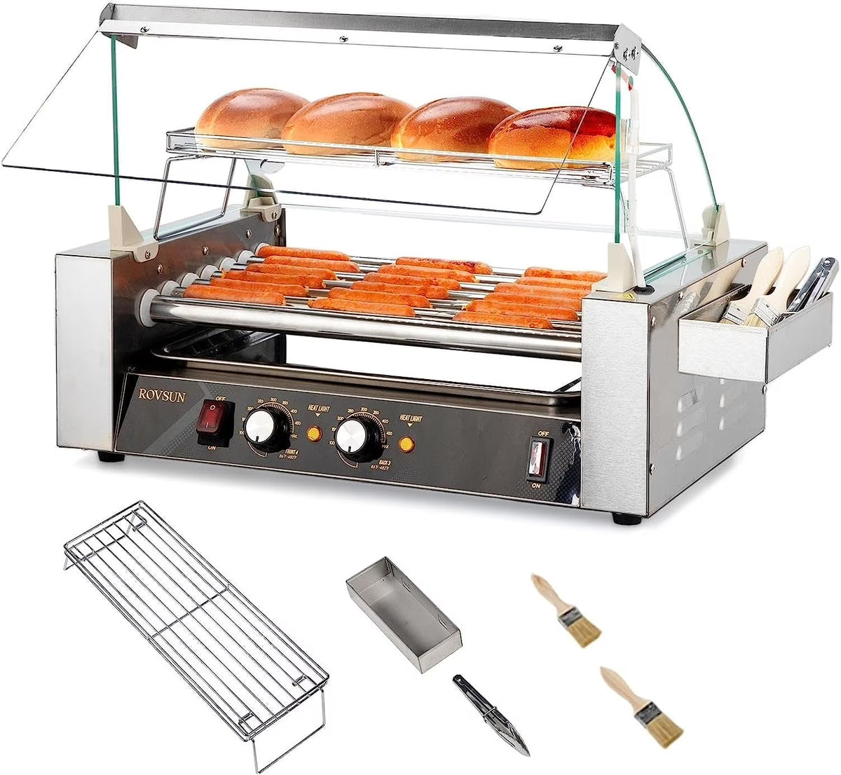 Hot Dog Roller Grill Cooker Machine with Cover, Dual Temp Control, Removable Drip Tray V7743