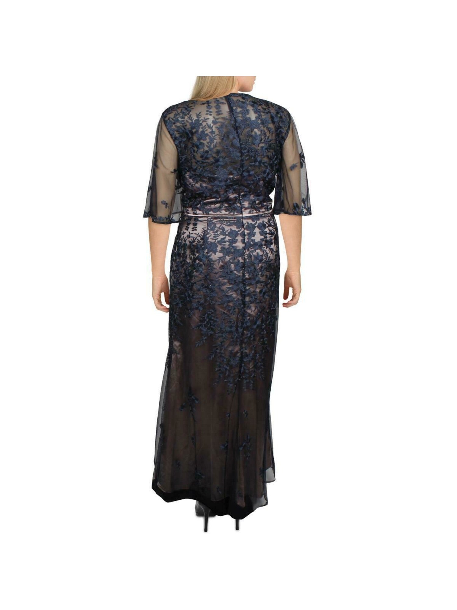 Navy Embroidered Lace Floral Formal Dress 10 K816