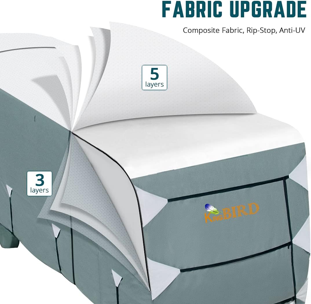 5th Wheel RV Cover, Extra-Thick 5 Layers Anti-UV Top Panel, Fits 26'-29' Motorhome with 2Pcs Extra Straps & 4 Tire Covers U7417