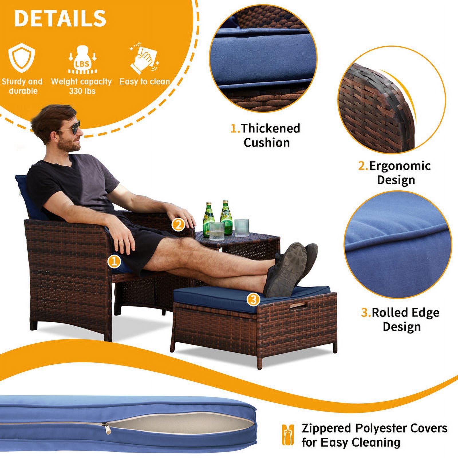 Navy 5 Piece PE Wicker Patio Furniture Set D624443