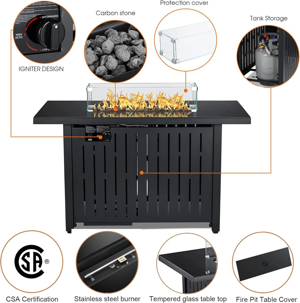 43 Inch 50,000 BTU Auto-Ignition Gas Fire Pit Table with Glass Wind Guard, Lava Stone P53737