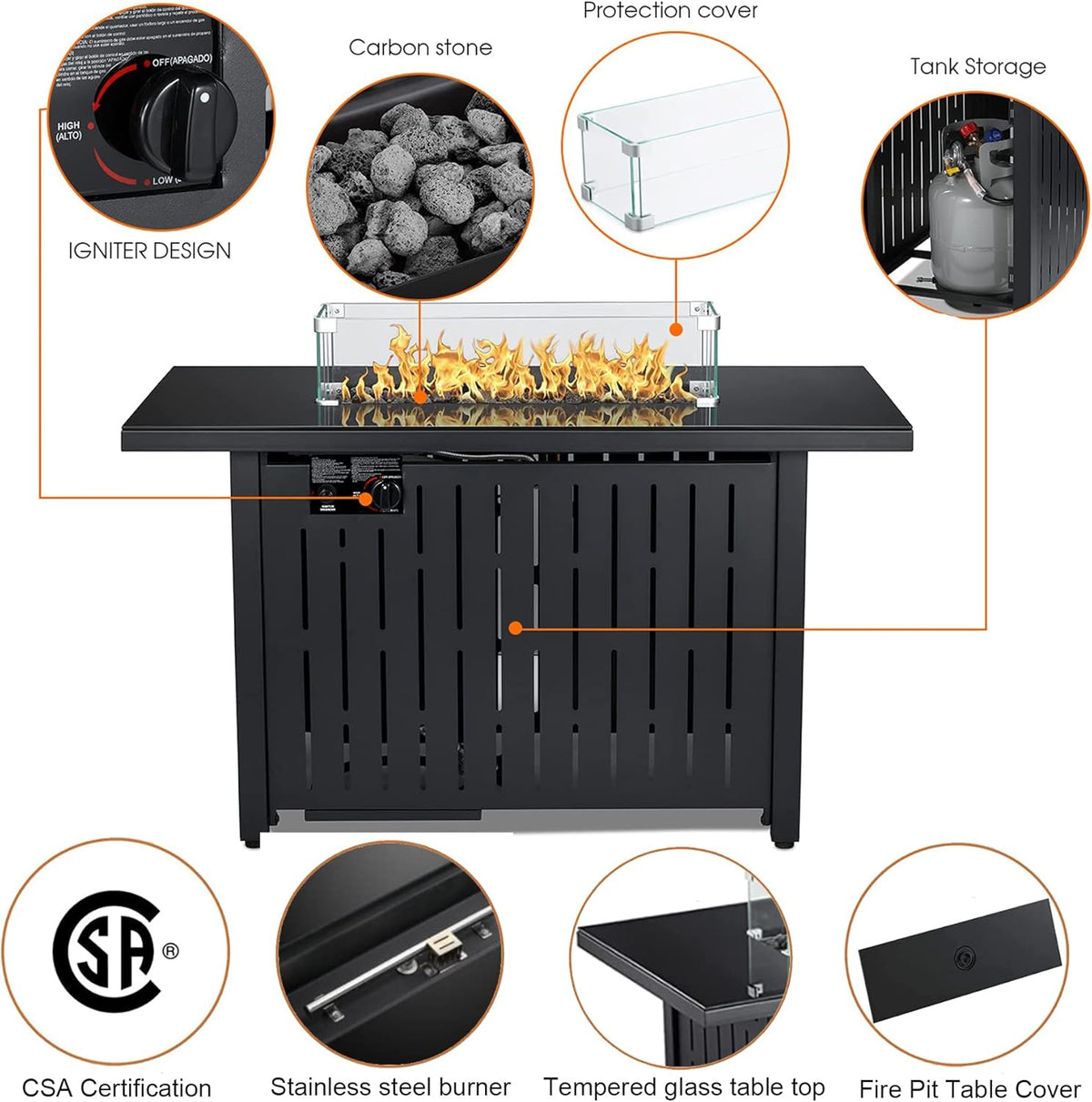 43 Inch 50,000 BTU Auto-Ignition Gas Fire Pit Table with Glass Wind Guard, Lava Stone P53737