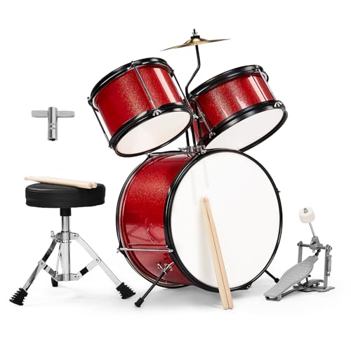 3-Piece Kids Drum Set with Throne Stool, Pedal & 2 Pairs of Drumsticks (Black) U60626