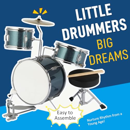 3-Piece Kids Drum Set with Throne Stool, Pedal & 2 Pairs of Drumsticks (Black) U60626
