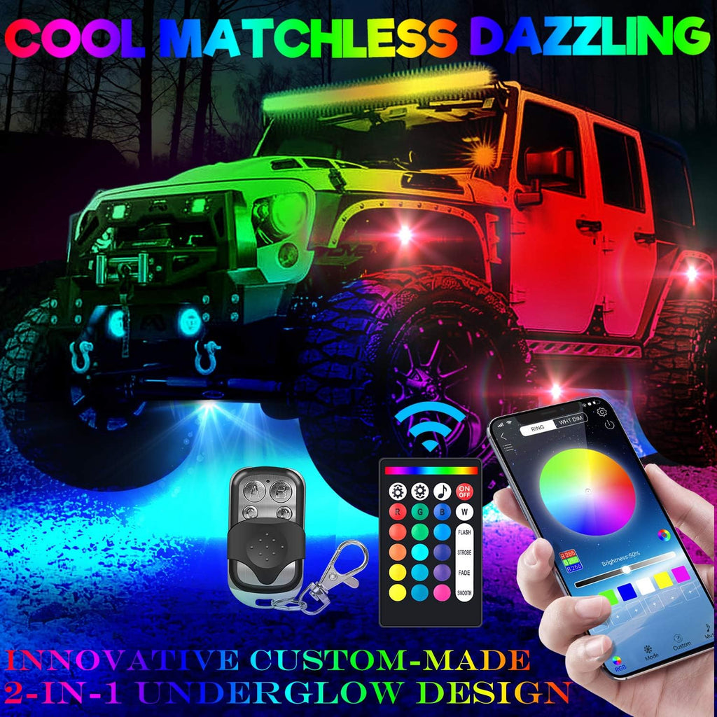 10-pods Trucks LED RGB Neon Underglow Rock Lights Kit, Dual-Zone, 160LEDs, 2-in-1 Line, Waterproof 12V, Pack of 2 O36047