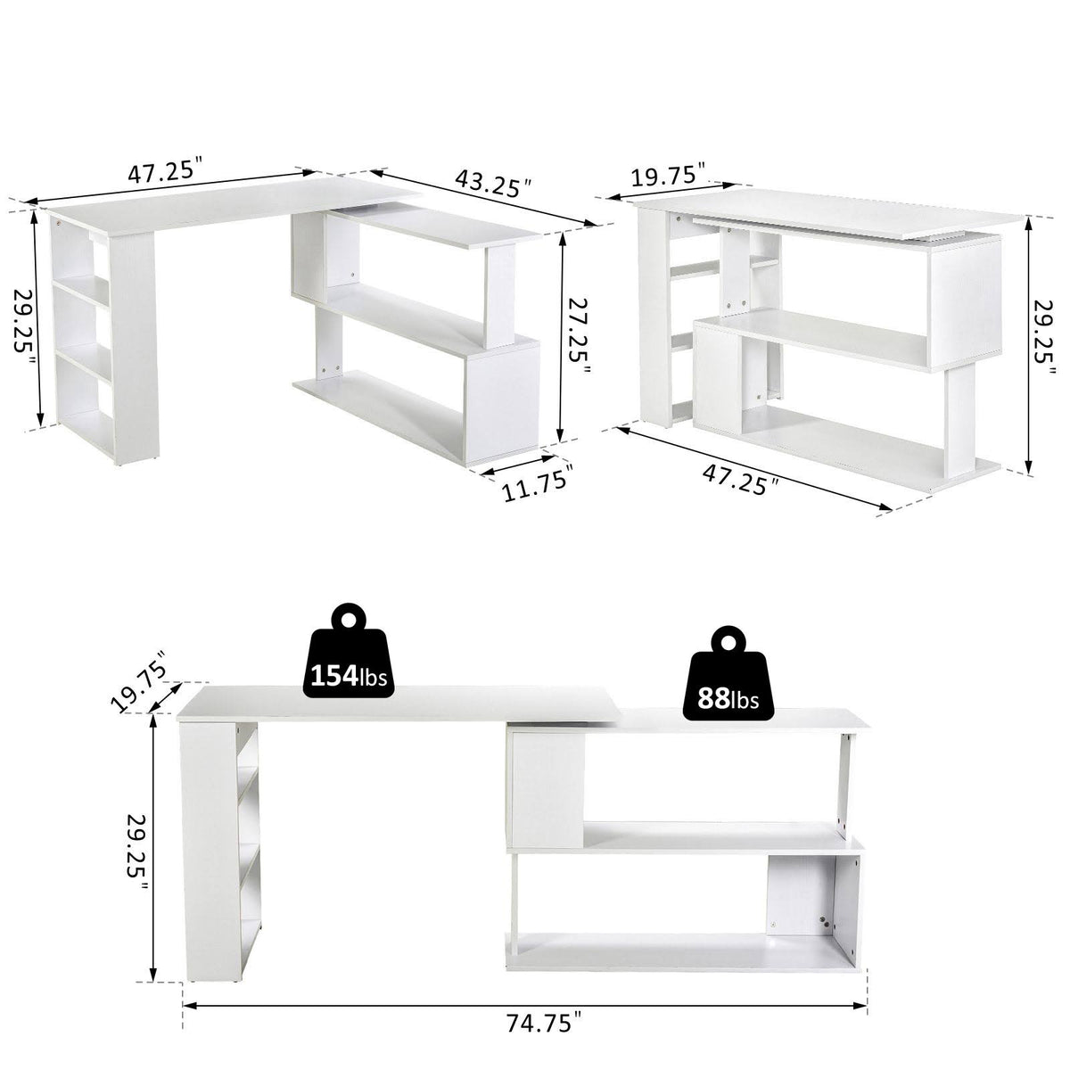 360 Rotating L Shaped Corner Desk with Bookshelves P238