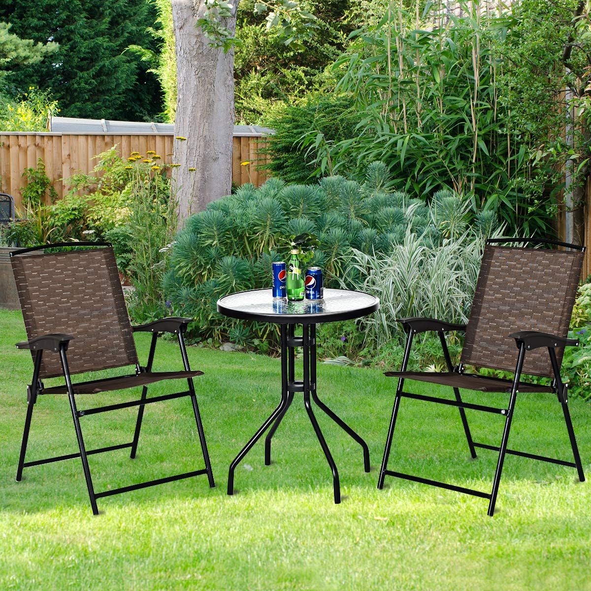 3-Piece Patio Bistro Set with Tempered Glass Table and 2 Foldable Chairs X2659