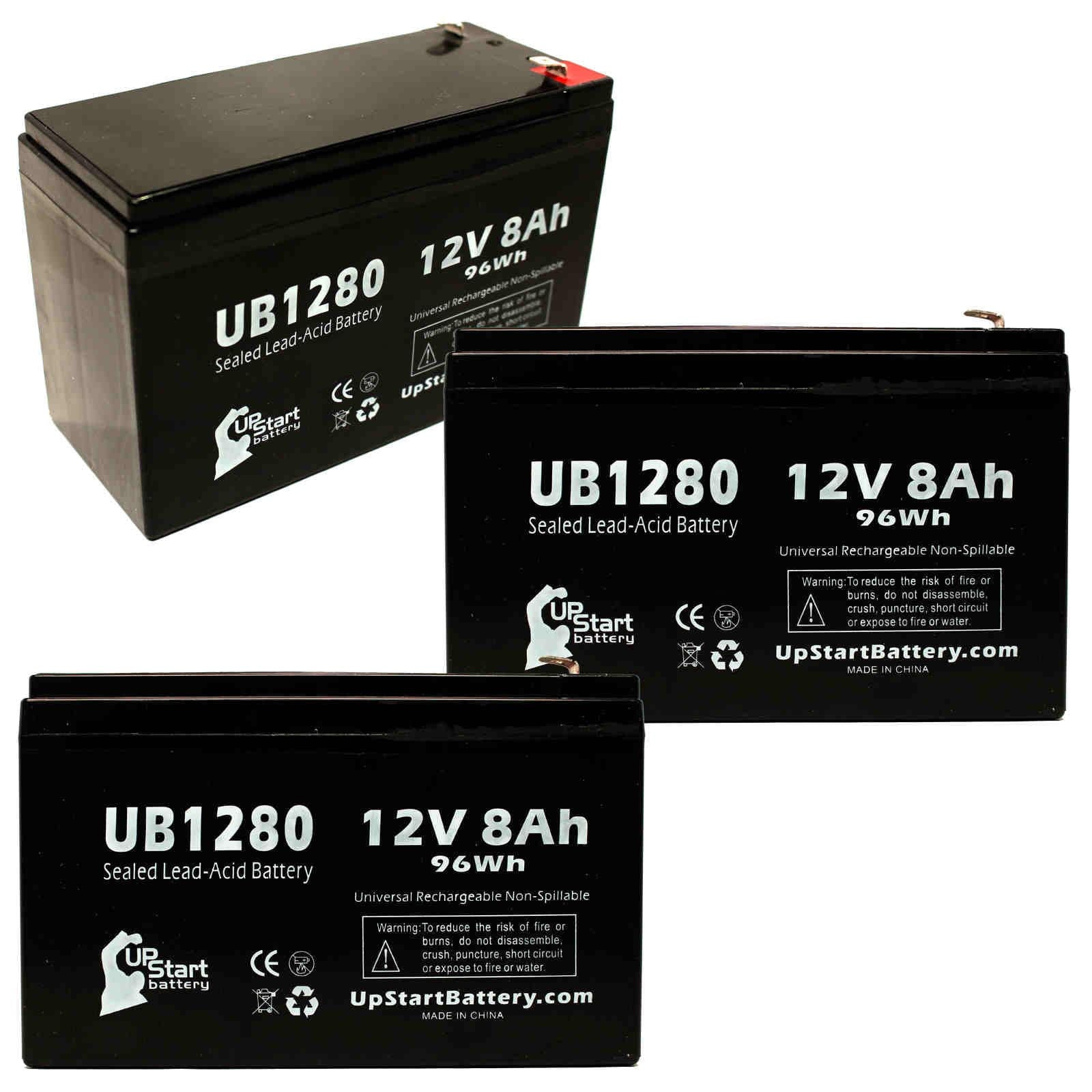 3x Pack Replacement Sealed Lead Acid Battery (12V, 8Ah, 8000mAh, F1 Terminal, AGM, SLA) with 6 F1 to F2 Terminal Adapters H9743