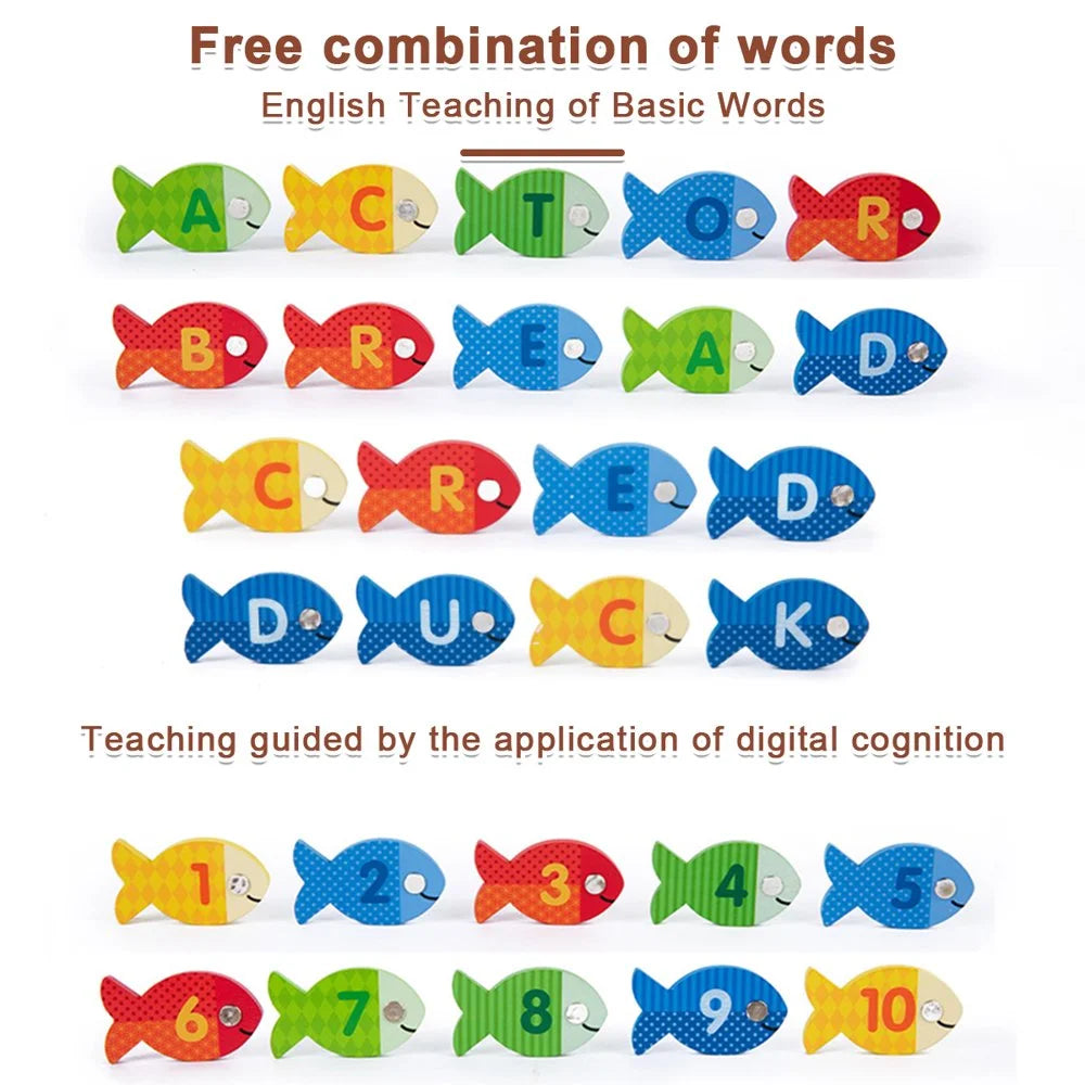 Magnetic Fishing Game for Kids 39 Pcs Wooden with 2 Magnetic Rods J808