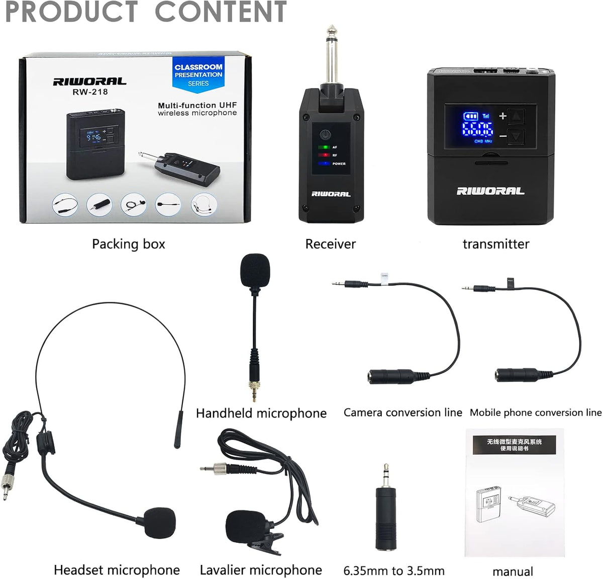 UHF Wireless Microphone System with Lavalier Mic, Headset Mic, Handheld Mic, Transmitter & Receiver, Pack of 2 H650063