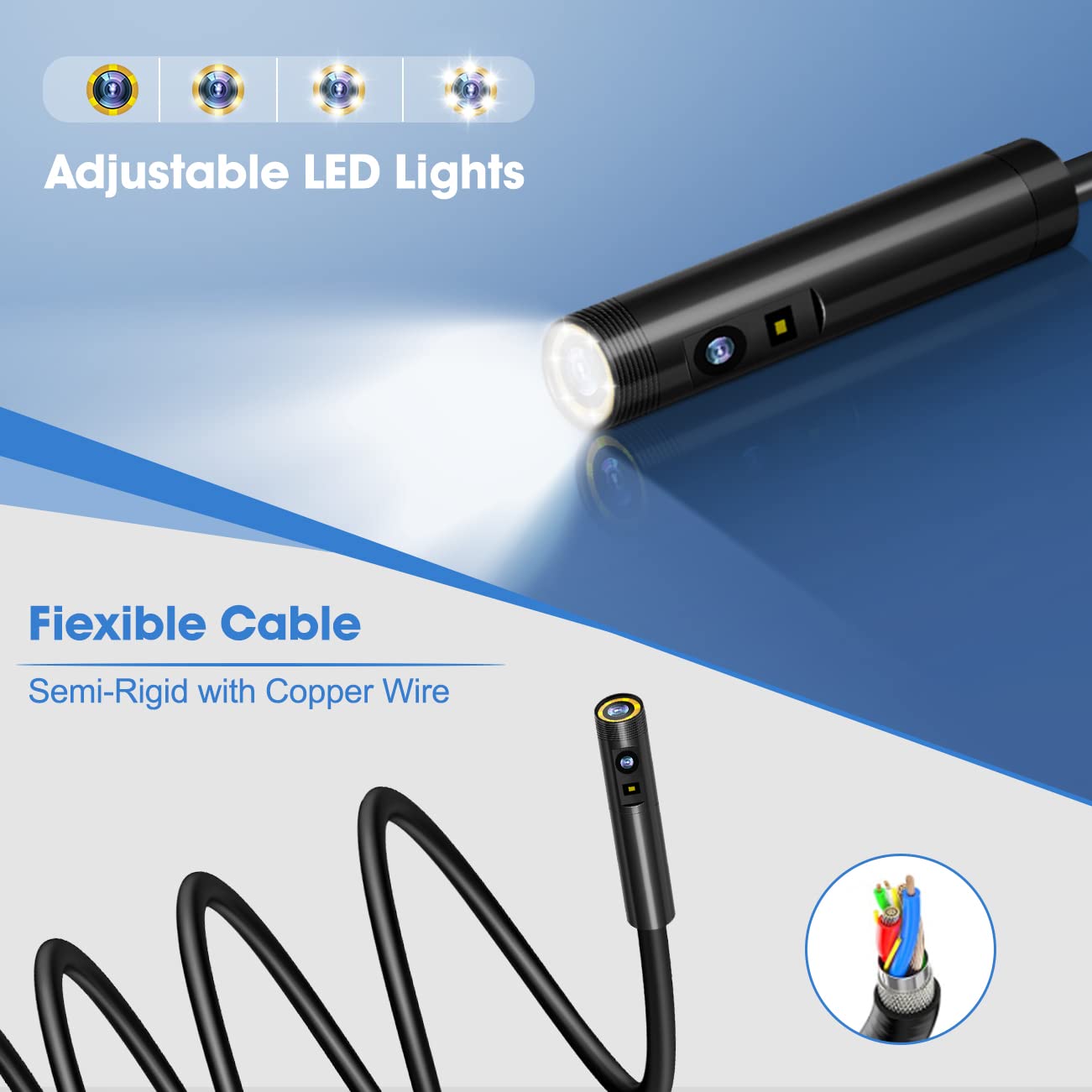 Triple Lens Endoscope Camera with 5 Inch IPS Screen and 16.5ft Semi-Rigid Cable N70286